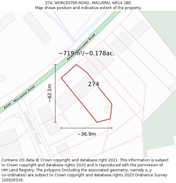 274, WORCESTER ROAD, MALVERN, WR14 1BD: Plot and title map