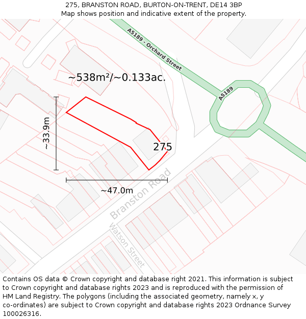 275, BRANSTON ROAD, BURTON-ON-TRENT, DE14 3BP: Plot and title map