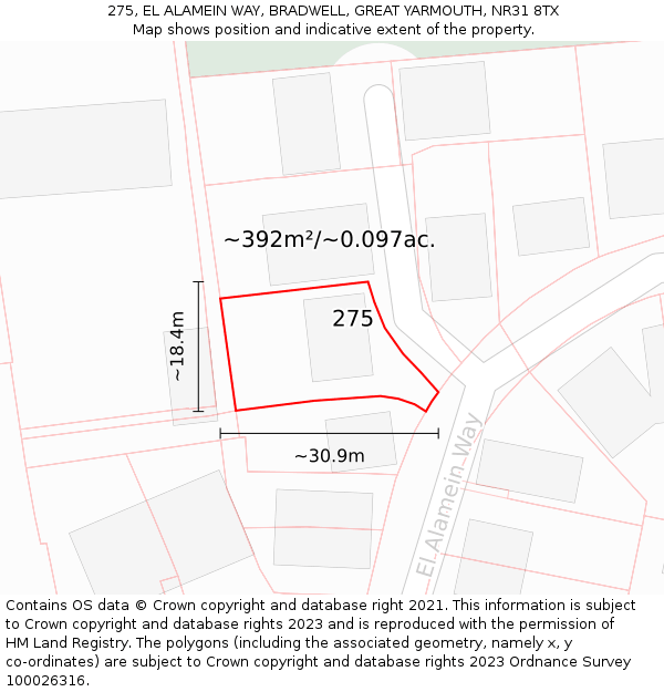 275, EL ALAMEIN WAY, BRADWELL, GREAT YARMOUTH, NR31 8TX: Plot and title map