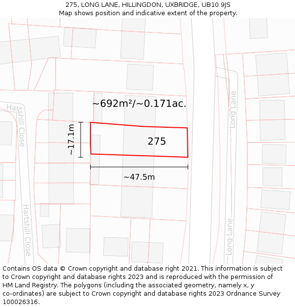 275, LONG LANE, HILLINGDON, UXBRIDGE, UB10 9JS: Plot and title map