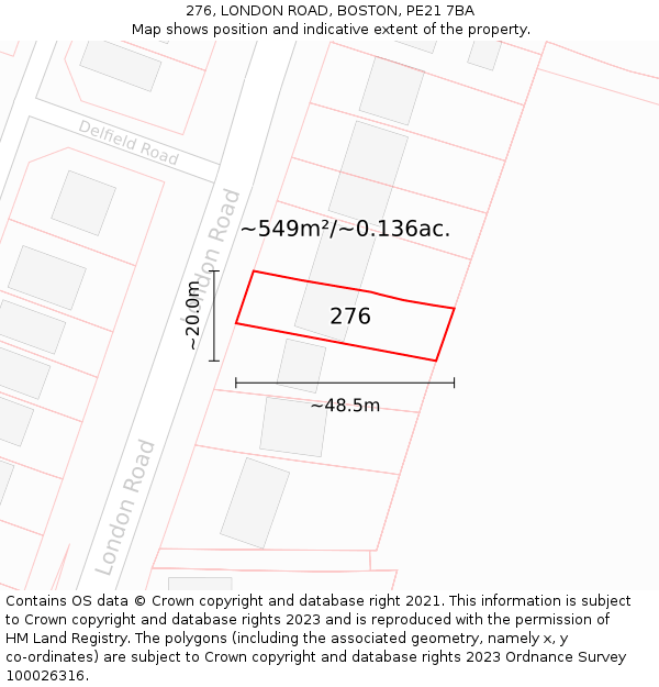 276, LONDON ROAD, BOSTON, PE21 7BA: Plot and title map