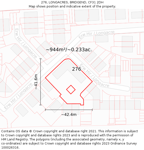 276, LONGACRES, BRIDGEND, CF31 2DH: Plot and title map