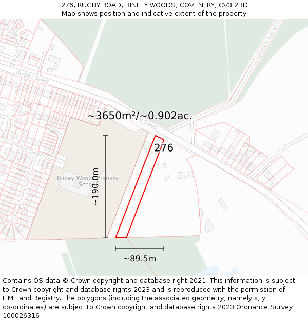 276, RUGBY ROAD, BINLEY WOODS, COVENTRY, CV3 2BD: Plot and title map