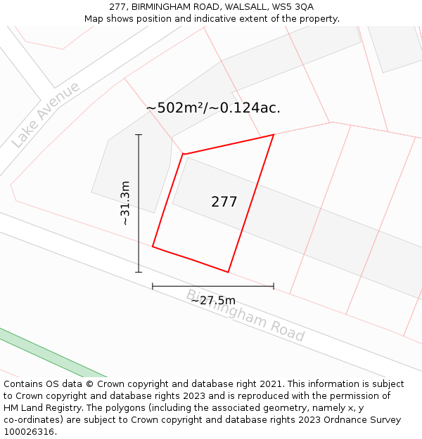277, BIRMINGHAM ROAD, WALSALL, WS5 3QA: Plot and title map