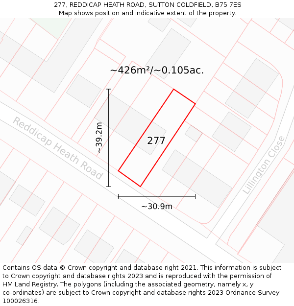 277, REDDICAP HEATH ROAD, SUTTON COLDFIELD, B75 7ES: Plot and title map