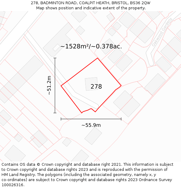 278, BADMINTON ROAD, COALPIT HEATH, BRISTOL, BS36 2QW: Plot and title map