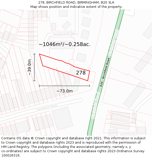 278, BIRCHFIELD ROAD, BIRMINGHAM, B20 3LA: Plot and title map