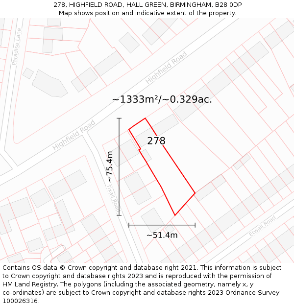 278, HIGHFIELD ROAD, HALL GREEN, BIRMINGHAM, B28 0DP: Plot and title map