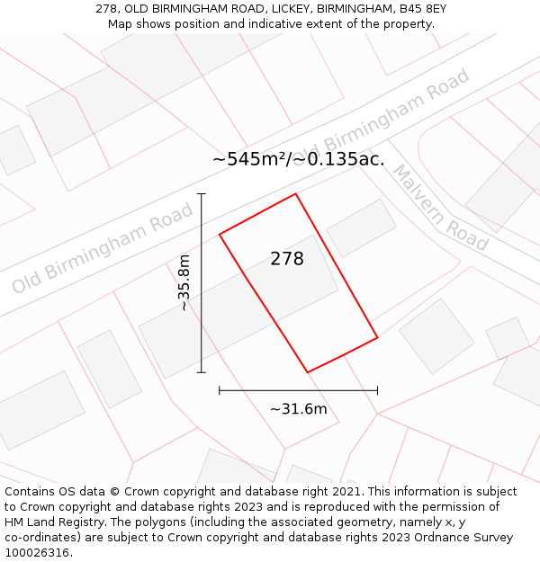278, OLD BIRMINGHAM ROAD, LICKEY, BIRMINGHAM, B45 8EY: Plot and title map