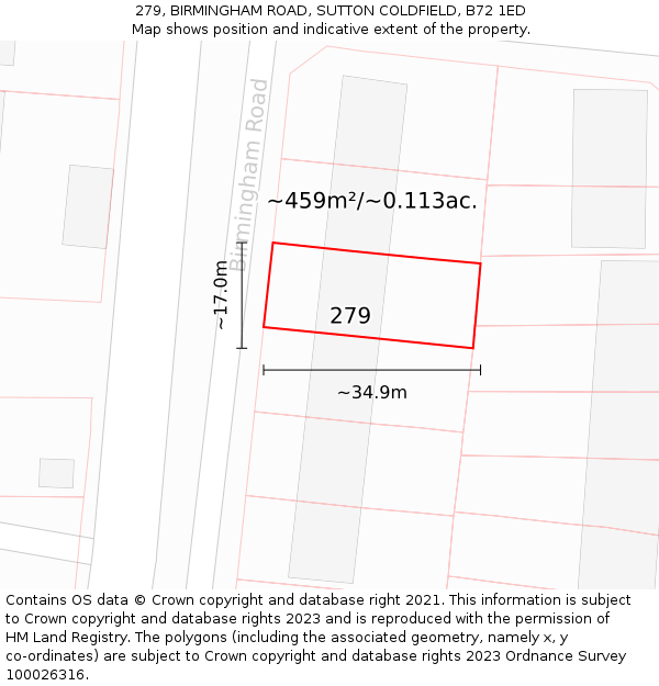 279, BIRMINGHAM ROAD, SUTTON COLDFIELD, B72 1ED: Plot and title map
