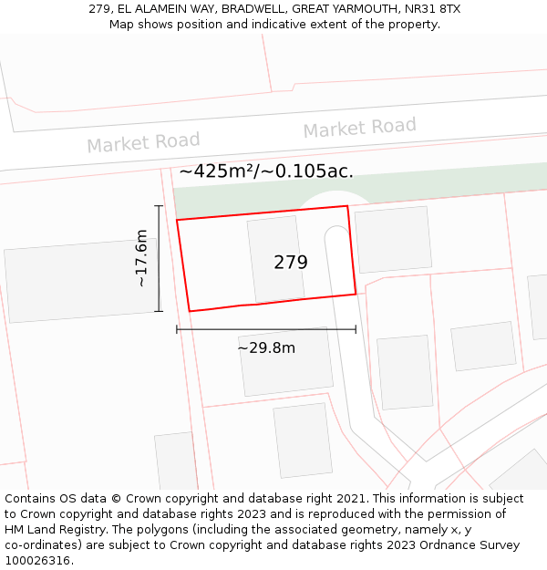279, EL ALAMEIN WAY, BRADWELL, GREAT YARMOUTH, NR31 8TX: Plot and title map