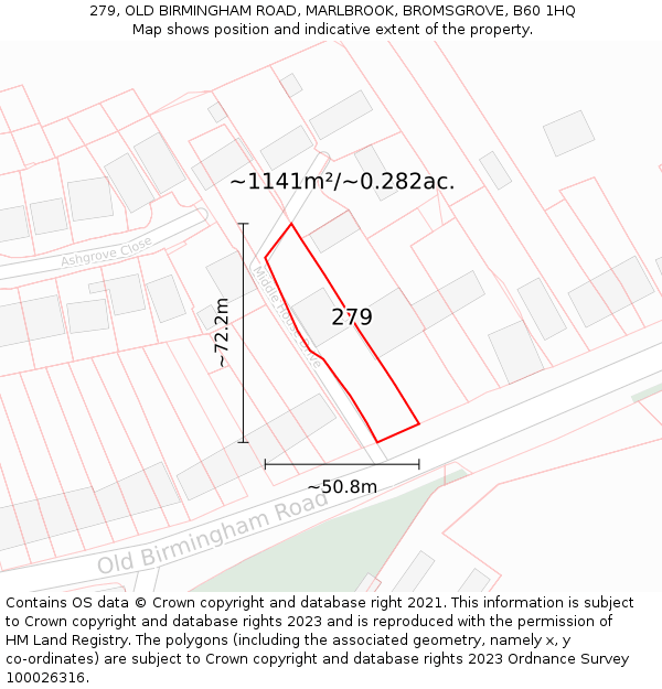 279, OLD BIRMINGHAM ROAD, MARLBROOK, BROMSGROVE, B60 1HQ: Plot and title map