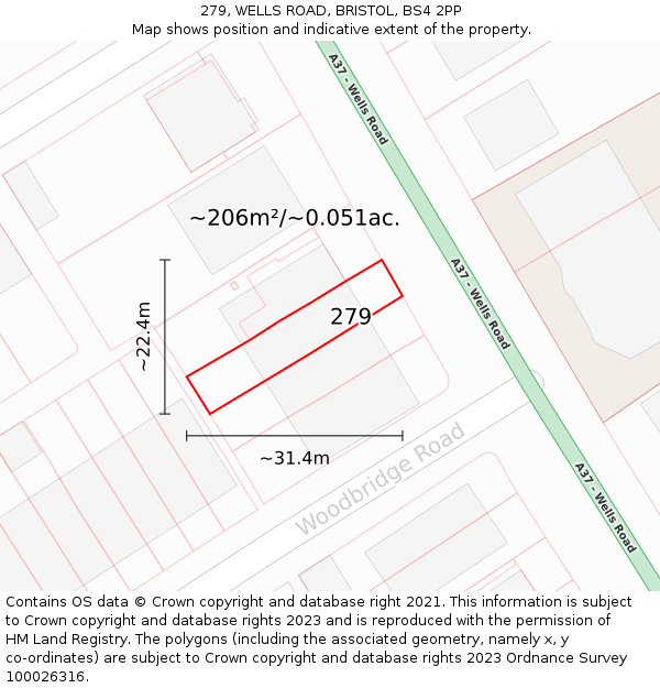 279, WELLS ROAD, BRISTOL, BS4 2PP: Plot and title map