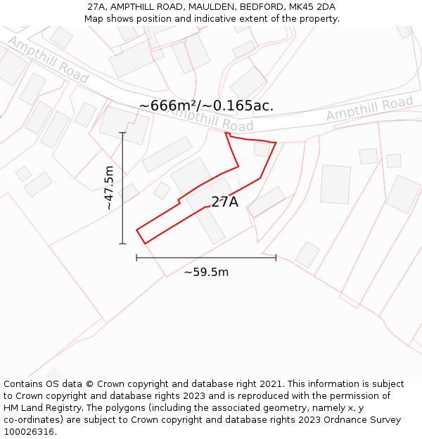 27A, AMPTHILL ROAD, MAULDEN, BEDFORD, MK45 2DA: Plot and title map
