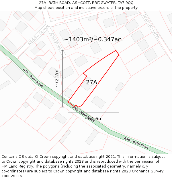 27A, BATH ROAD, ASHCOTT, BRIDGWATER, TA7 9QQ: Plot and title map