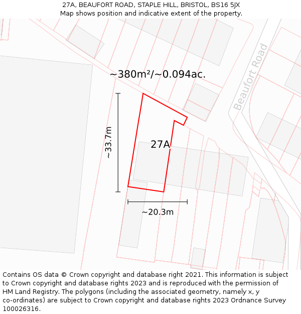 27A, BEAUFORT ROAD, STAPLE HILL, BRISTOL, BS16 5JX: Plot and title map