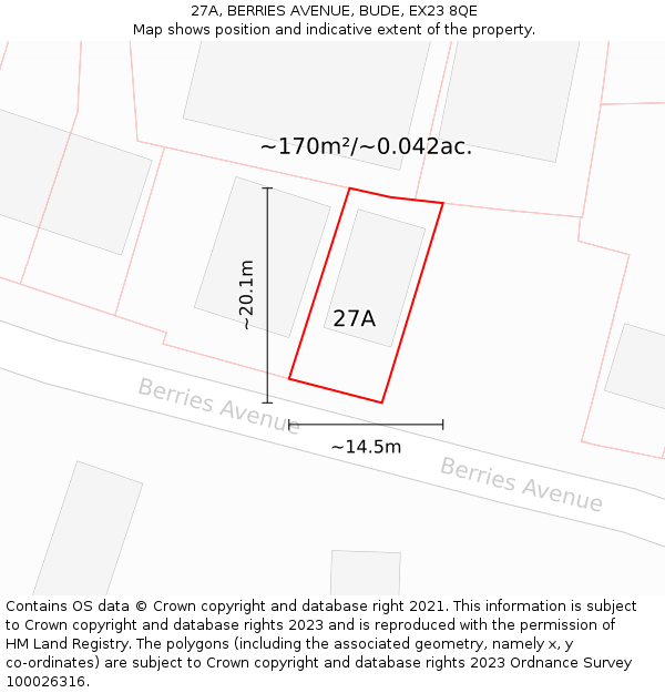 27A, BERRIES AVENUE, BUDE, EX23 8QE: Plot and title map
