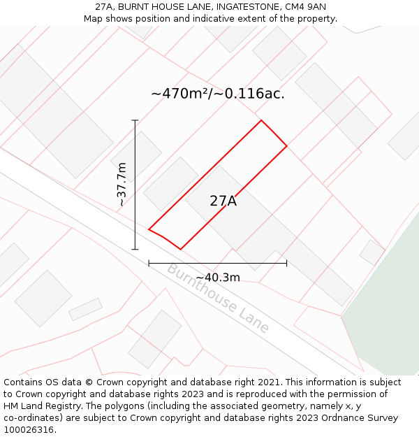 27A, BURNT HOUSE LANE, INGATESTONE, CM4 9AN: Plot and title map