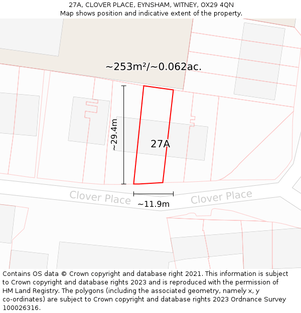 27A, CLOVER PLACE, EYNSHAM, WITNEY, OX29 4QN: Plot and title map
