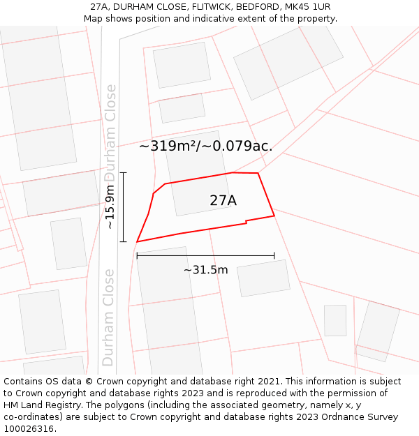 27A, DURHAM CLOSE, FLITWICK, BEDFORD, MK45 1UR: Plot and title map