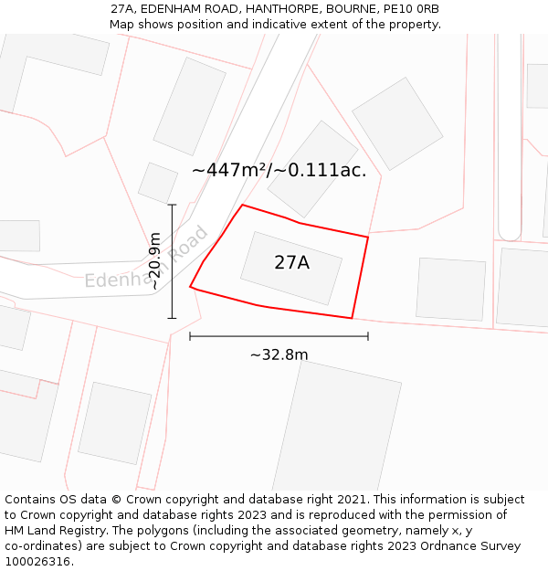 27A, EDENHAM ROAD, HANTHORPE, BOURNE, PE10 0RB: Plot and title map