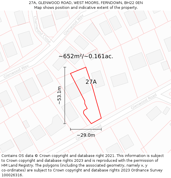 27A, GLENWOOD ROAD, WEST MOORS, FERNDOWN, BH22 0EN: Plot and title map