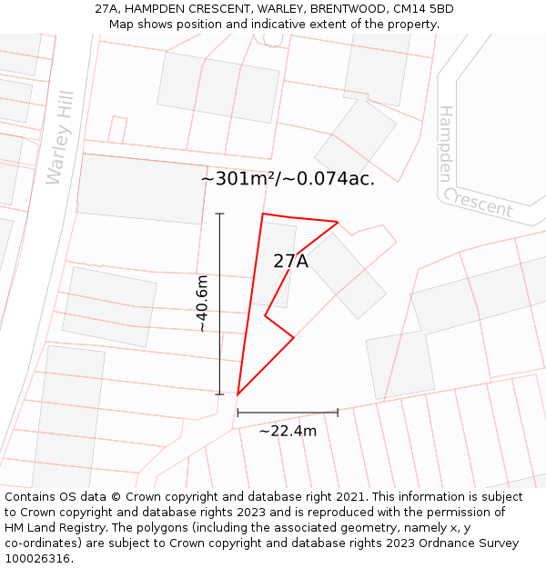27A, HAMPDEN CRESCENT, WARLEY, BRENTWOOD, CM14 5BD: Plot and title map