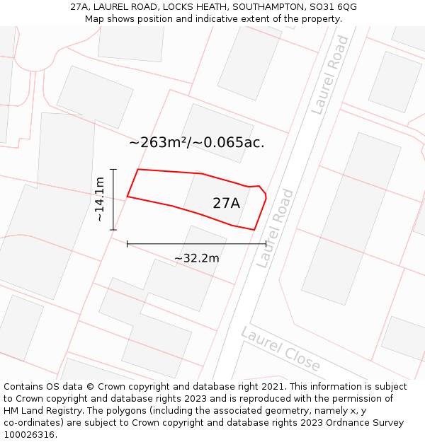 27A, LAUREL ROAD, LOCKS HEATH, SOUTHAMPTON, SO31 6QG: Plot and title map