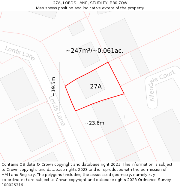 27A, LORDS LANE, STUDLEY, B80 7QW: Plot and title map