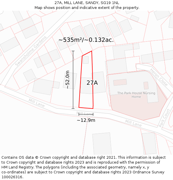 27A, MILL LANE, SANDY, SG19 1NL: Plot and title map