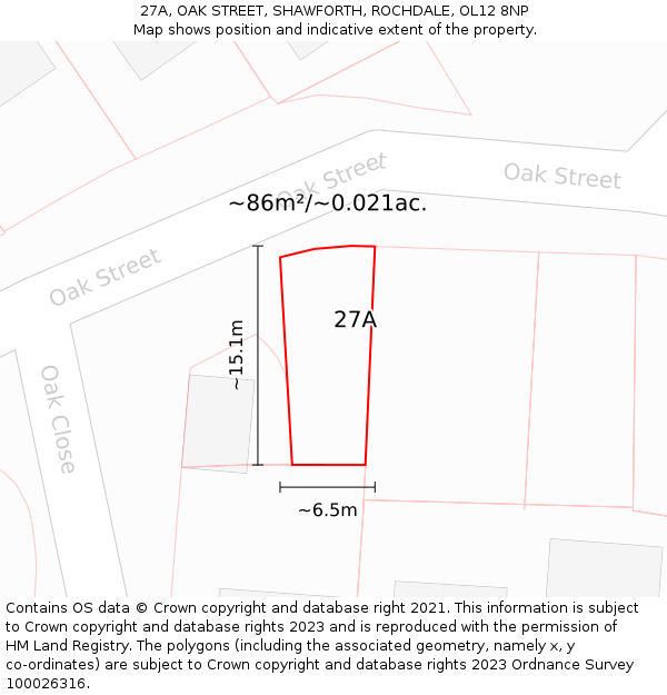 27A, OAK STREET, SHAWFORTH, ROCHDALE, OL12 8NP: Plot and title map