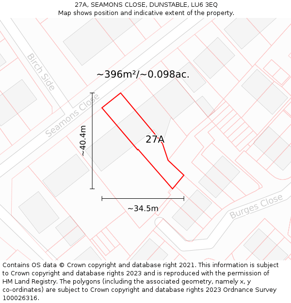 27A, SEAMONS CLOSE, DUNSTABLE, LU6 3EQ: Plot and title map