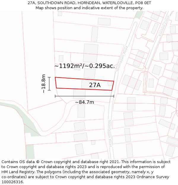 27A, SOUTHDOWN ROAD, HORNDEAN, WATERLOOVILLE, PO8 0ET: Plot and title map