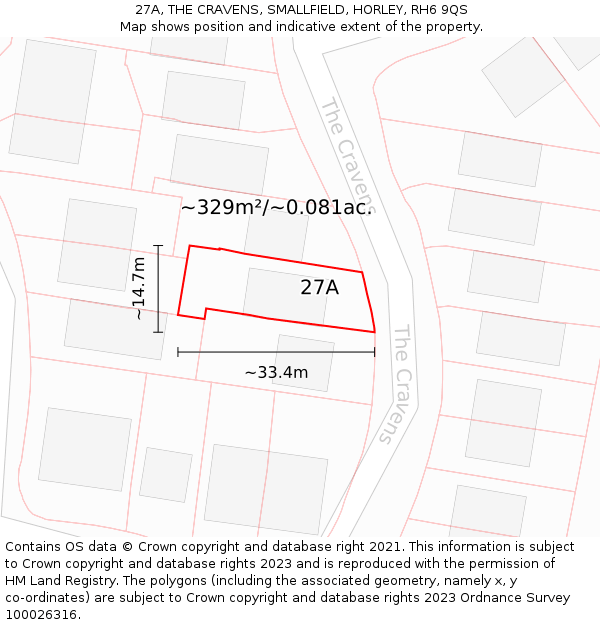 27A, THE CRAVENS, SMALLFIELD, HORLEY, RH6 9QS: Plot and title map