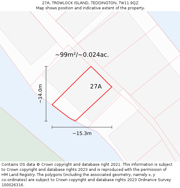 27A, TROWLOCK ISLAND, TEDDINGTON, TW11 9QZ: Plot and title map