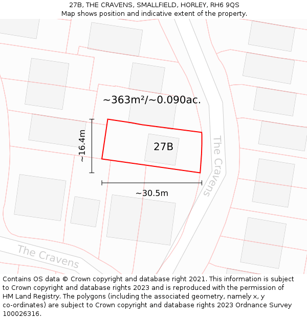 27B, THE CRAVENS, SMALLFIELD, HORLEY, RH6 9QS: Plot and title map