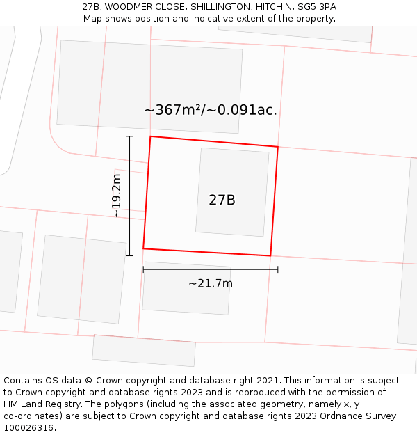 27B, WOODMER CLOSE, SHILLINGTON, HITCHIN, SG5 3PA: Plot and title map