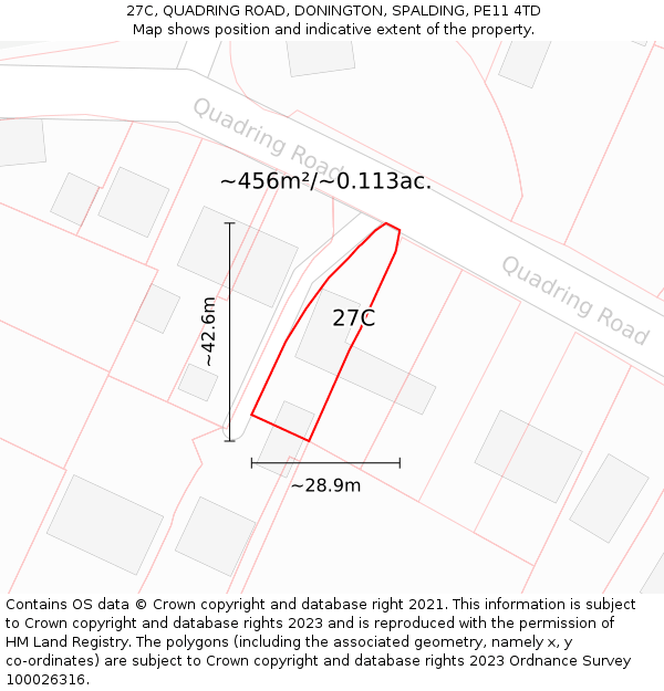 27C, QUADRING ROAD, DONINGTON, SPALDING, PE11 4TD: Plot and title map