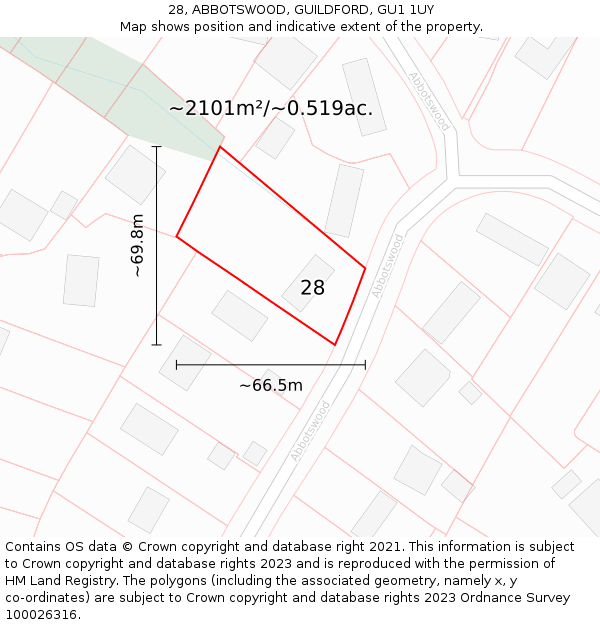 28, ABBOTSWOOD, GUILDFORD, GU1 1UY: Plot and title map