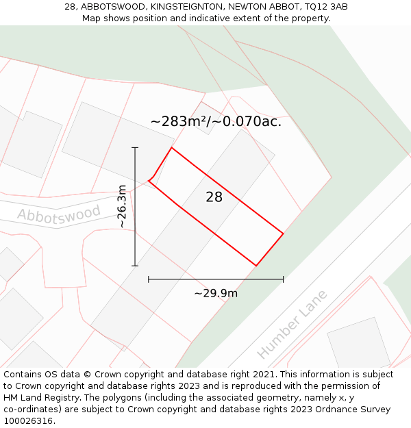 28, ABBOTSWOOD, KINGSTEIGNTON, NEWTON ABBOT, TQ12 3AB: Plot and title map