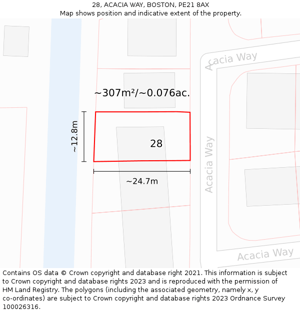 28, ACACIA WAY, BOSTON, PE21 8AX: Plot and title map