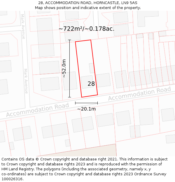28, ACCOMMODATION ROAD, HORNCASTLE, LN9 5AS: Plot and title map