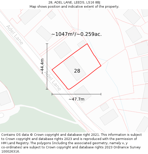 28, ADEL LANE, LEEDS, LS16 8BJ: Plot and title map