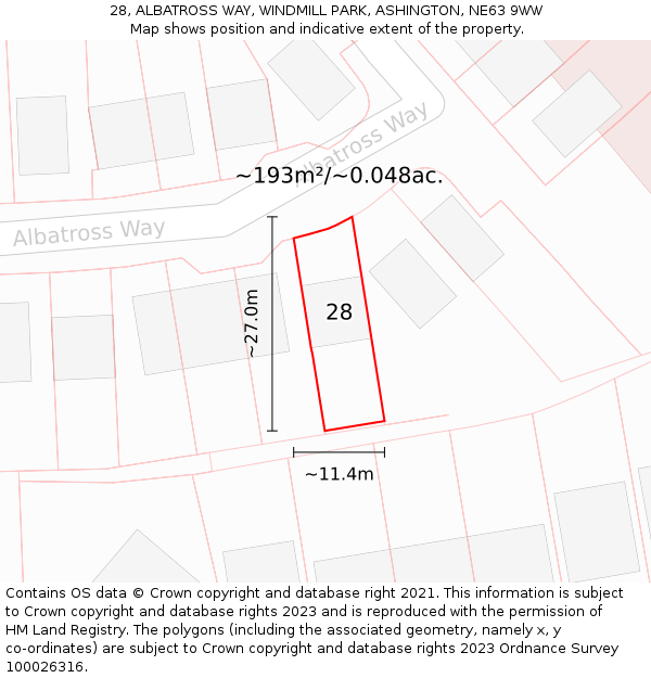 28, ALBATROSS WAY, WINDMILL PARK, ASHINGTON, NE63 9WW: Plot and title map
