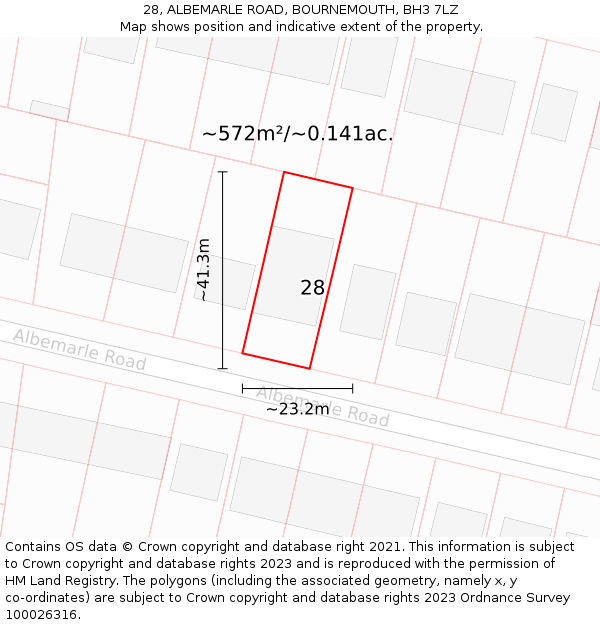 28, ALBEMARLE ROAD, BOURNEMOUTH, BH3 7LZ: Plot and title map