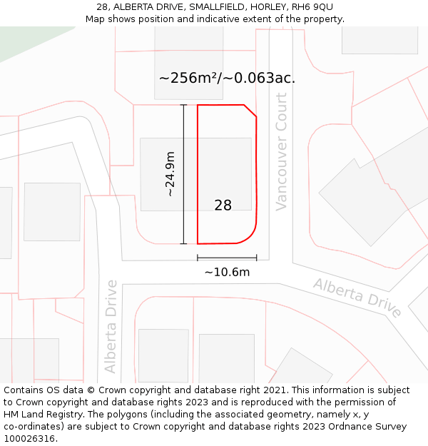 28, ALBERTA DRIVE, SMALLFIELD, HORLEY, RH6 9QU: Plot and title map
