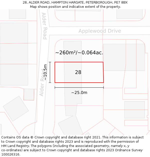 28, ALDER ROAD, HAMPTON HARGATE, PETERBOROUGH, PE7 8BX: Plot and title map