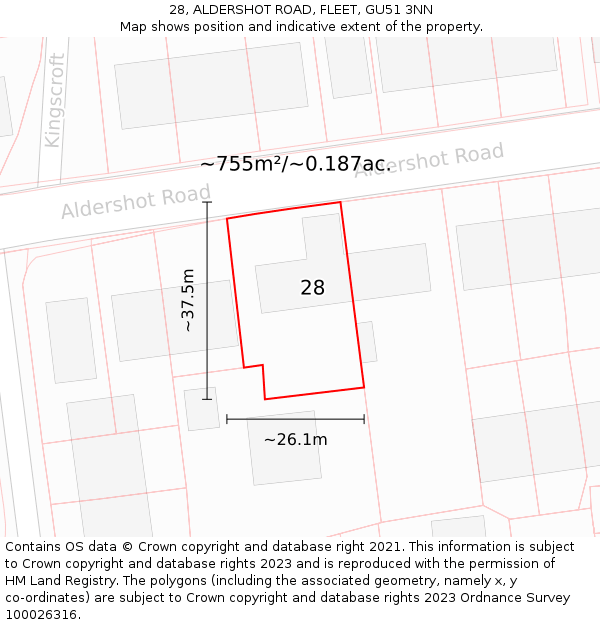 28, ALDERSHOT ROAD, FLEET, GU51 3NN: Plot and title map