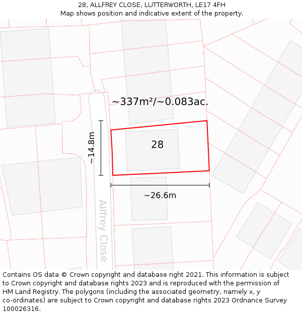 28, ALLFREY CLOSE, LUTTERWORTH, LE17 4FH: Plot and title map
