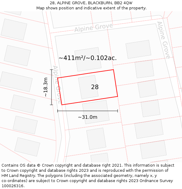 28, ALPINE GROVE, BLACKBURN, BB2 4QW: Plot and title map